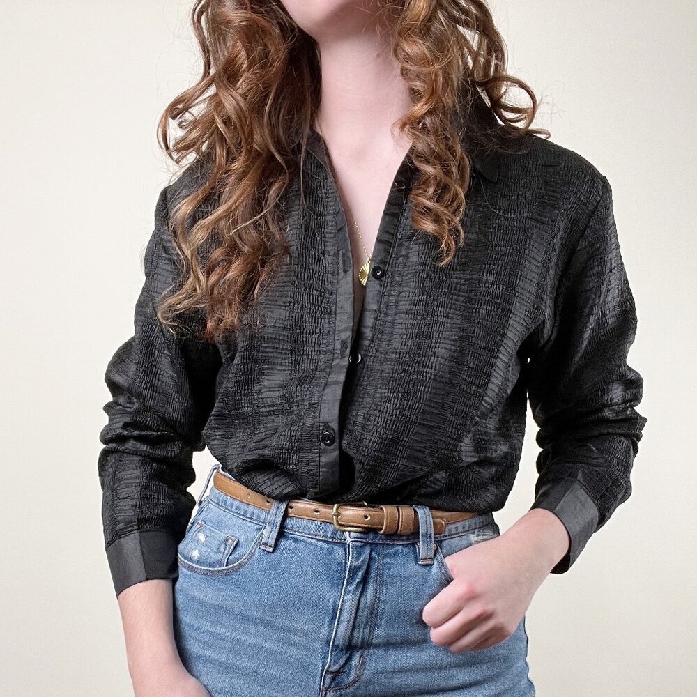 Vintage Crinkle Textured Oversized Button Down Up Relaxed Fit Blouse Shirt Top